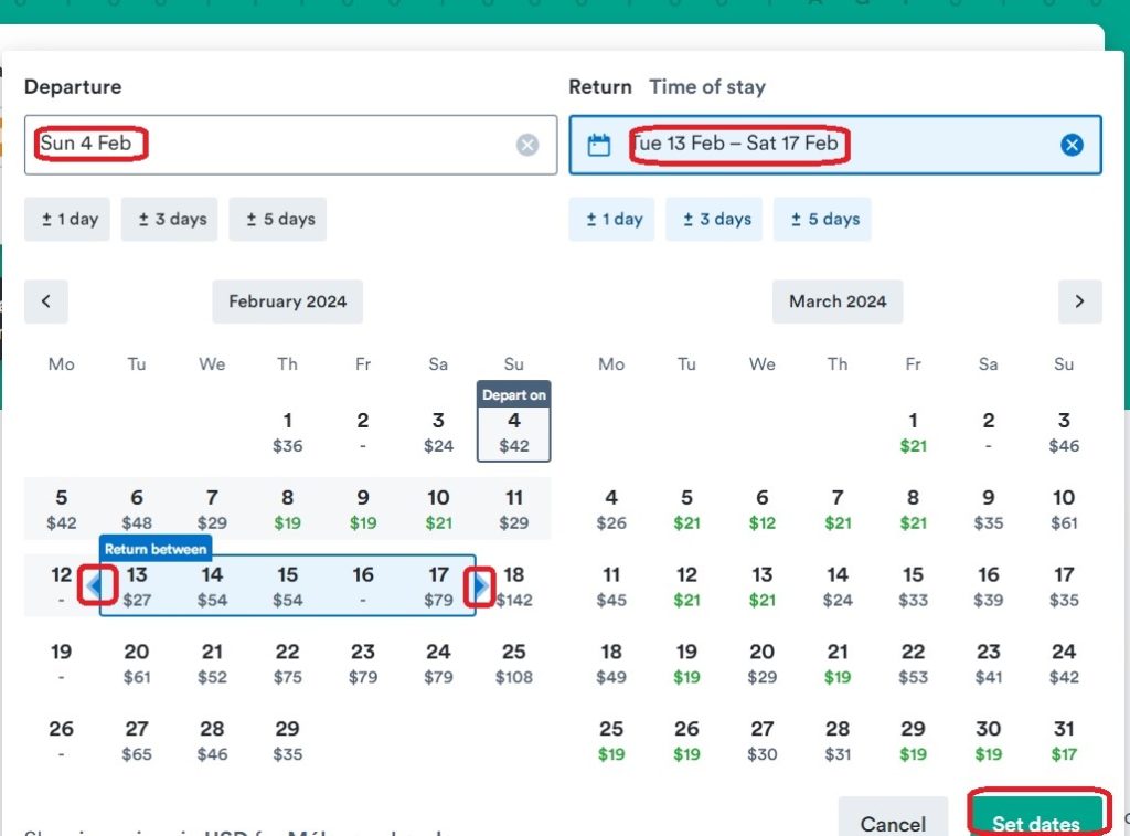 In the "Dates" field, select cheapest dates or intervals