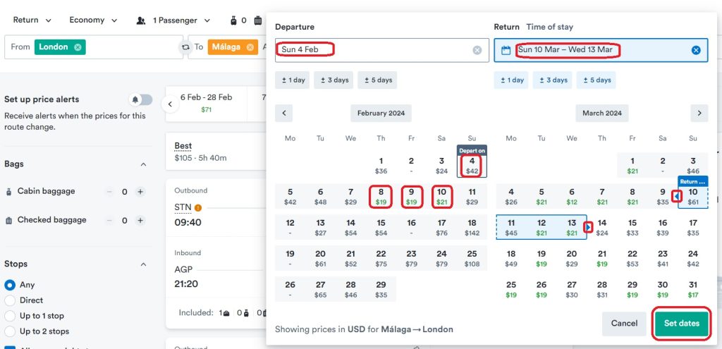 In the "Dates" field, select cheapest dates or intervals